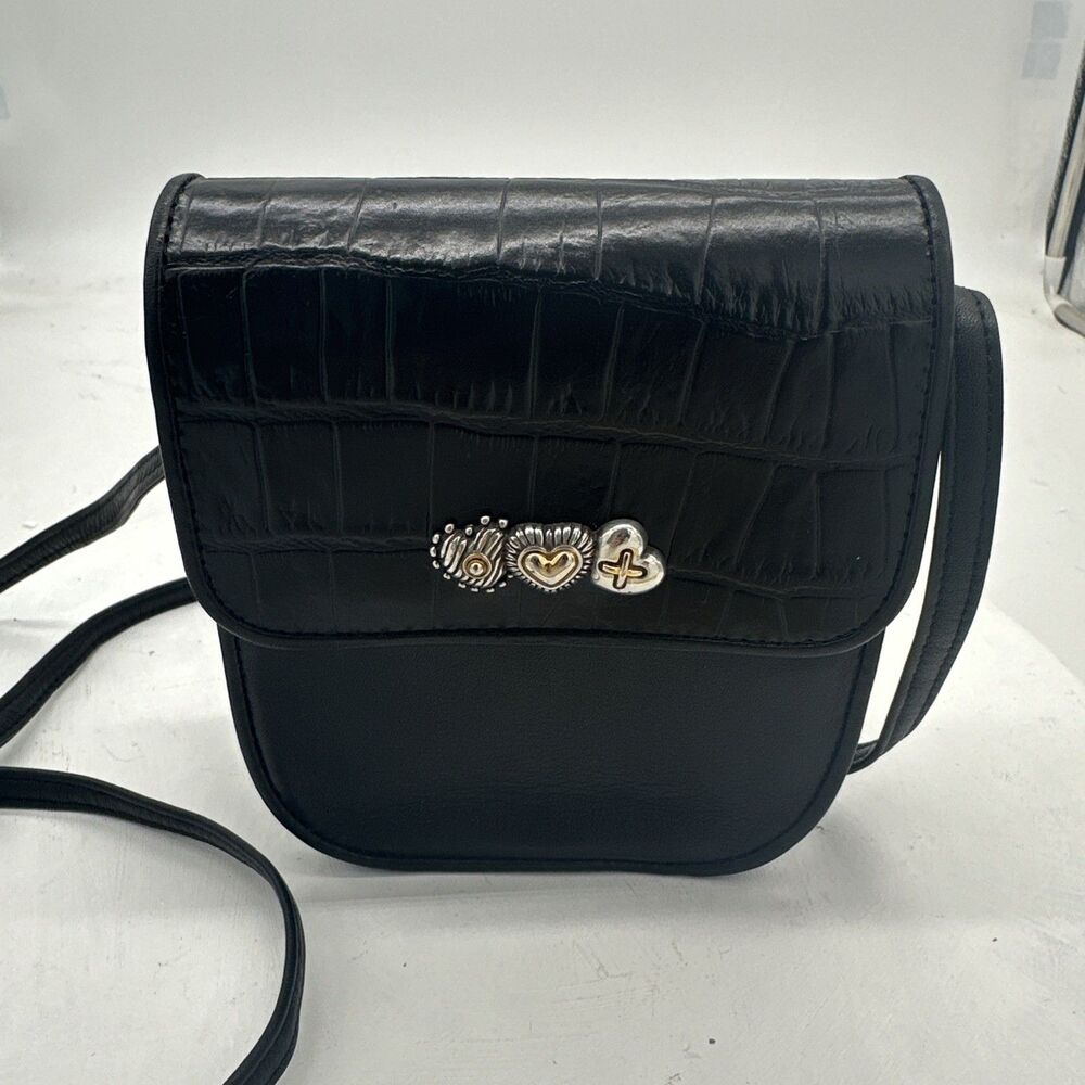 Brighton Black Leather One World Collection Croc Embossed Crossbody Purse Bag